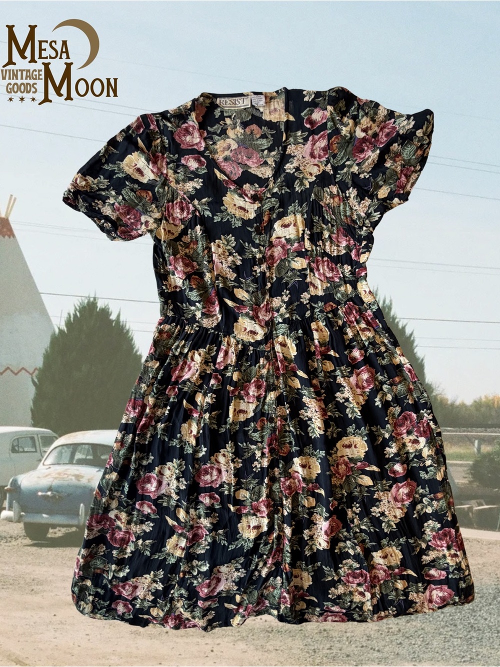 Vintage Boho Floral Black Button-Front Dress